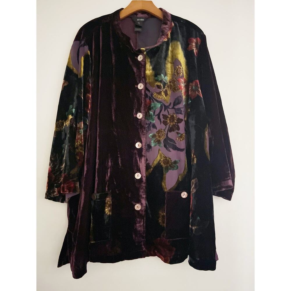 Ali Miles Jacket Women 3X Purple Wine Burnt Velvet Floral Boho Button Pockets